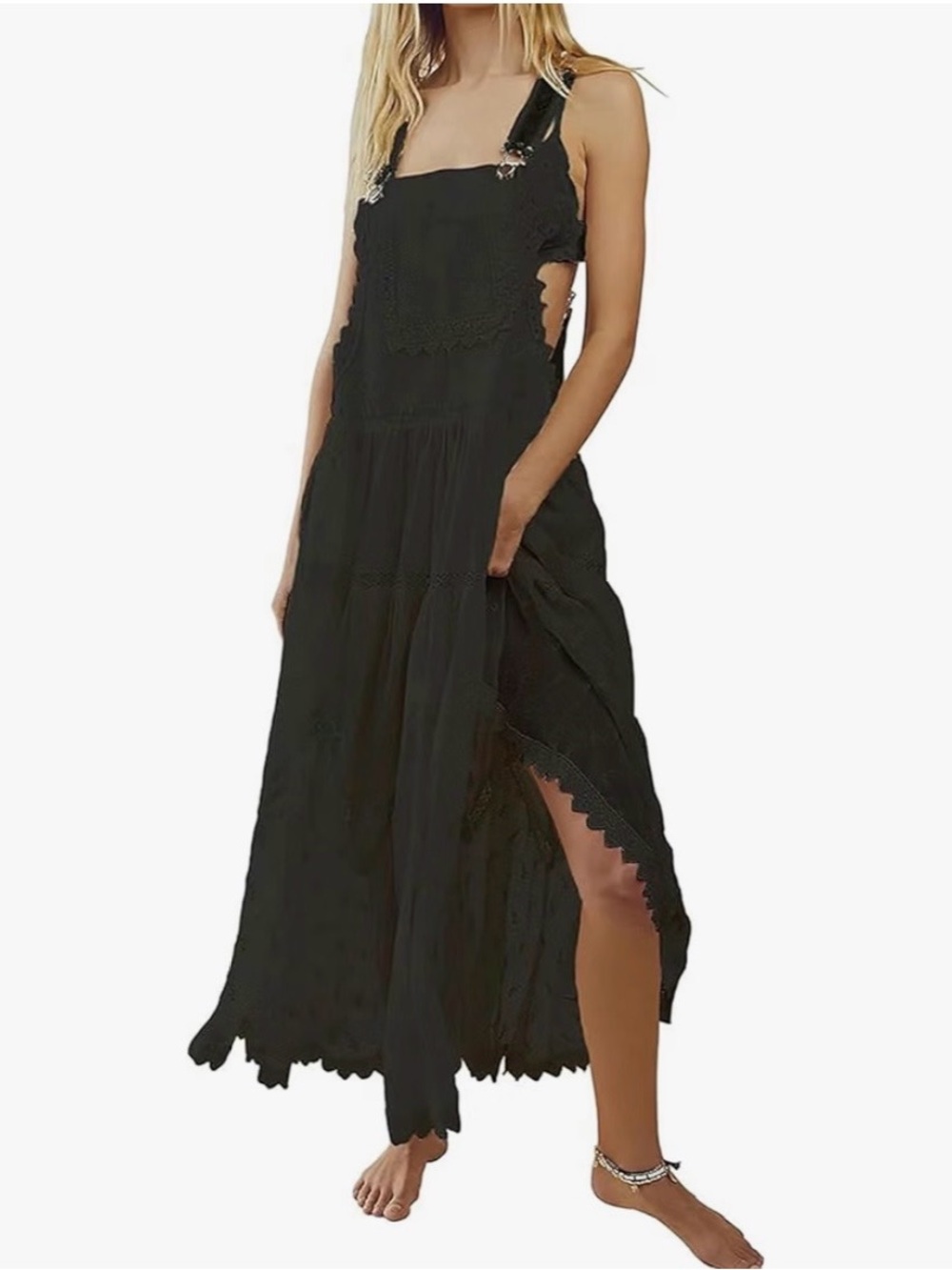 Black Lace-Trim Maxi overall dress